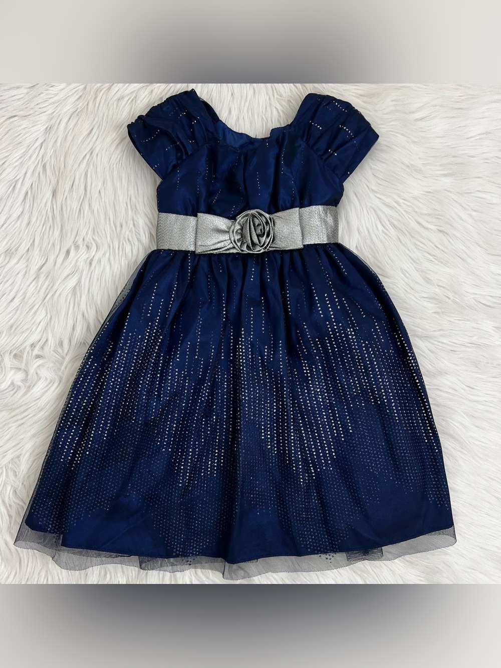 NWOT! Jona Michelle Girls Mesh Dress  Formal Navy Blue Glitter Silver Sz 5